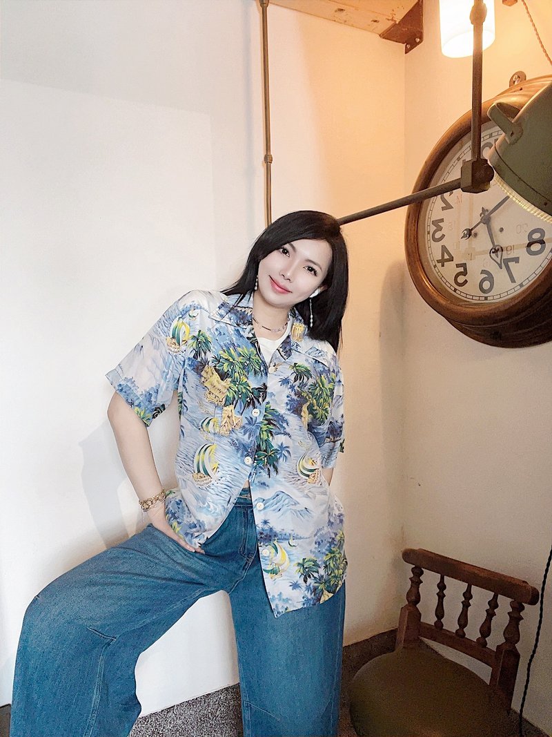 湖蓝度假村 夏威夷衫 古着衬衫上衣 Aloha Shirt ハワイアンシャ - 女装衬衫 - 丝．绢 多色