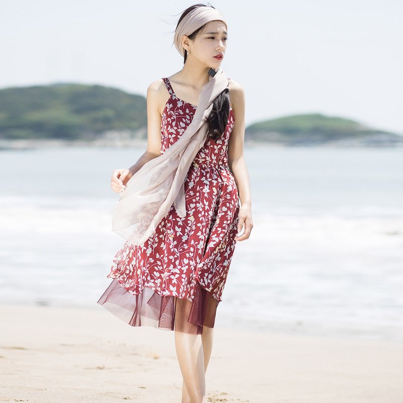安妮陈2017夏装新款女士碎花拼纱吊带裙洋装 - 洋装/连衣裙 - 棉．麻 红色
