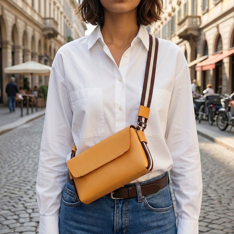 COZI-義大利植鞣革 Mini斜跨包-可收納手機,皮夾,護照,鑰匙或眼鏡 - 侧背包/斜挎包 - 真皮 咖啡色