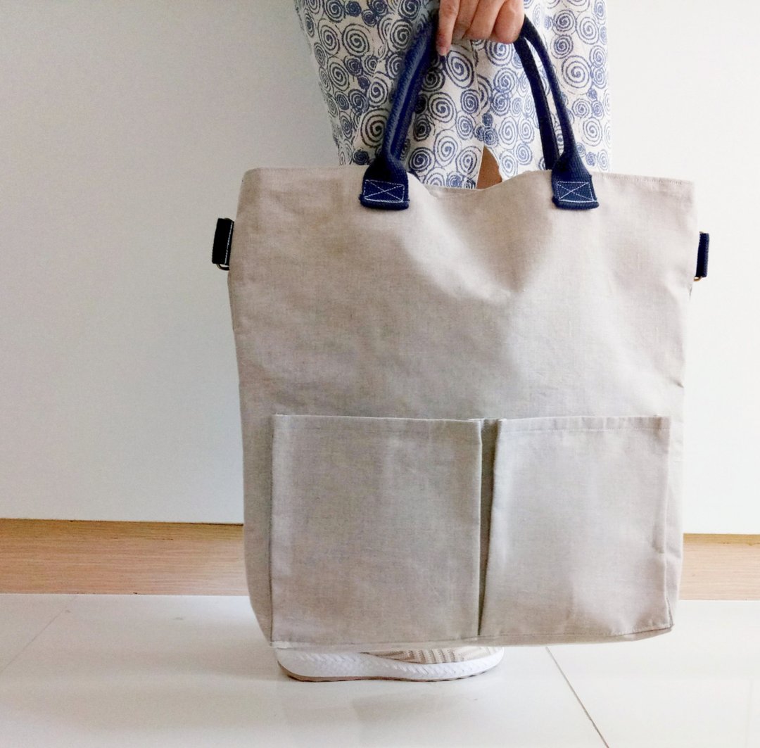 Natural linen crossbody bag with blue cotton webbing strap - 手提包/手提袋 - 棉 卡其色