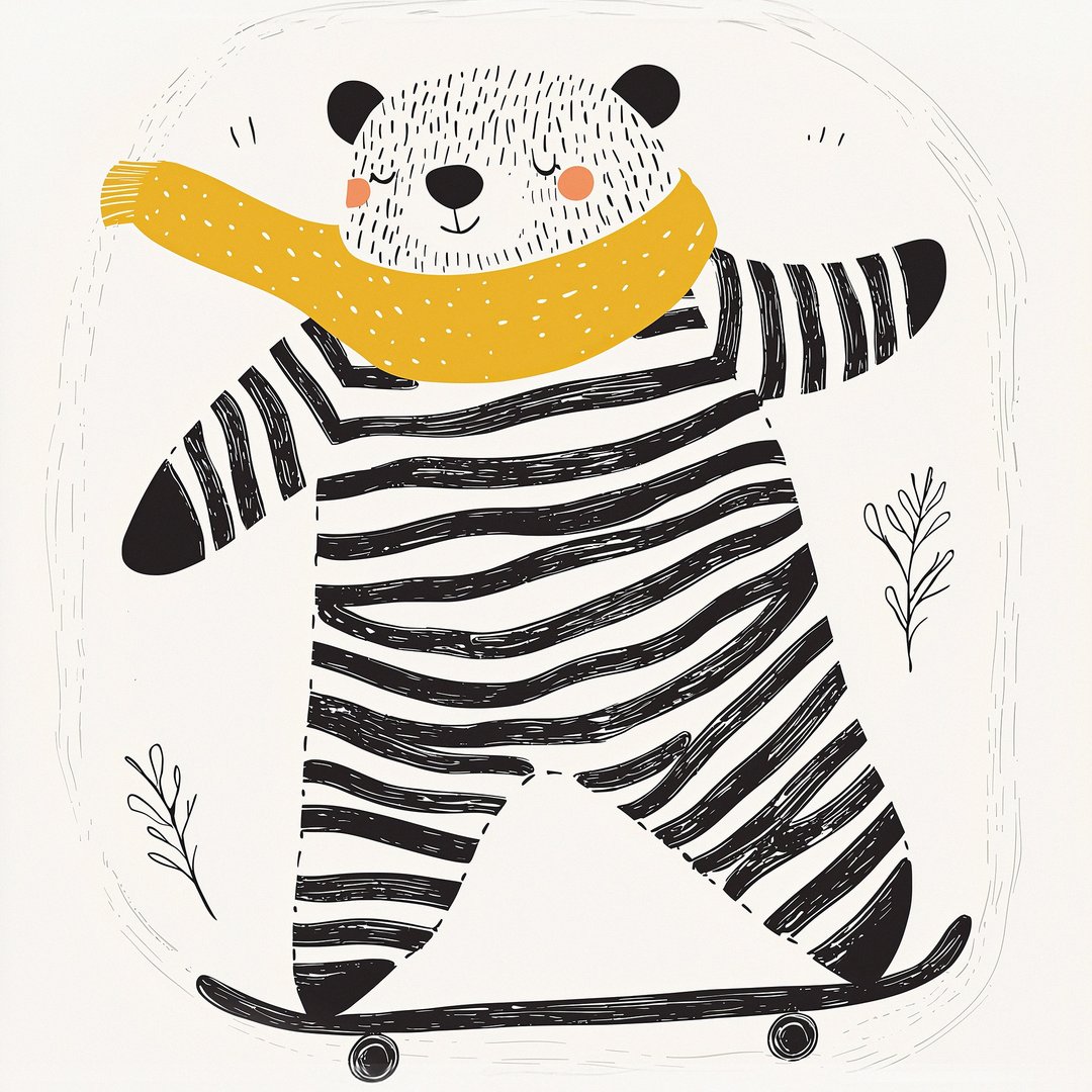 玩滑板的熊 - 童趣插画风 适合儿童房 亲子餐厅 黑白框 无框画 - 海报/装饰画/版画 - 其他材质 