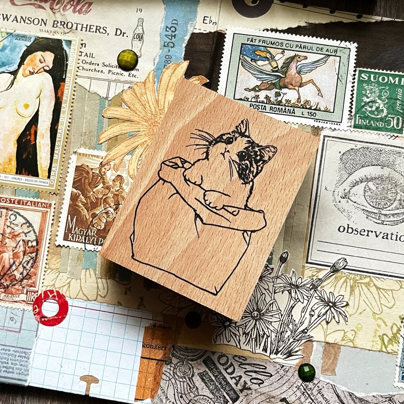 no.101 玩纸袋的猫便签印章 复刻版 - 印章/印台 - 木头 