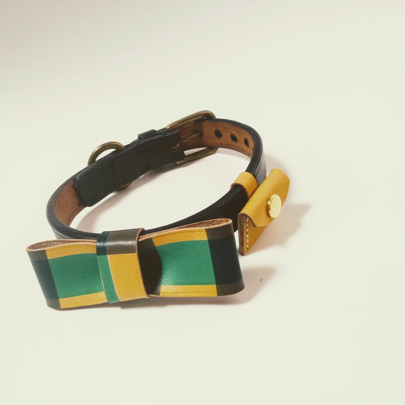 Genuine leather - hand-stitched - hand-dyed check dog ribbon and license holder, with owner's brooch make-yellow - 订制抱枕/饰品 - 真皮 黄色