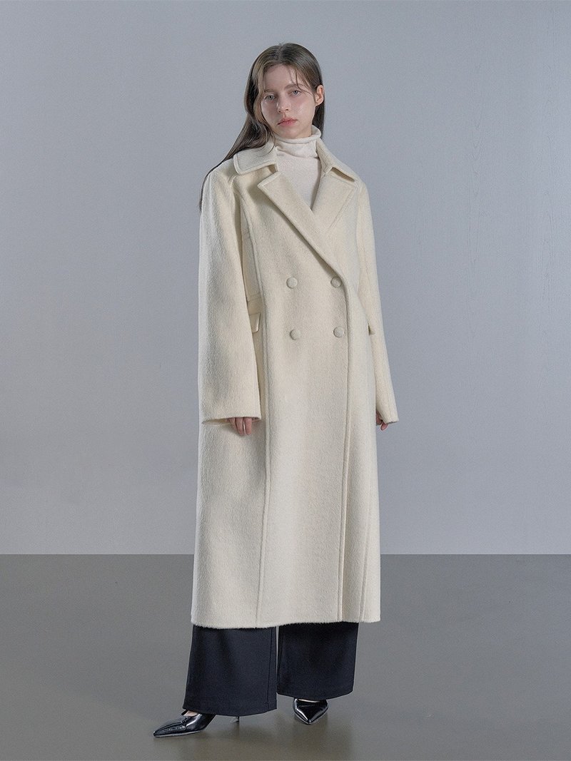 羊驼毛拿破仑领双排扣大衣 - 白色 - 女装休闲/机能外套 - 其他材质 白色