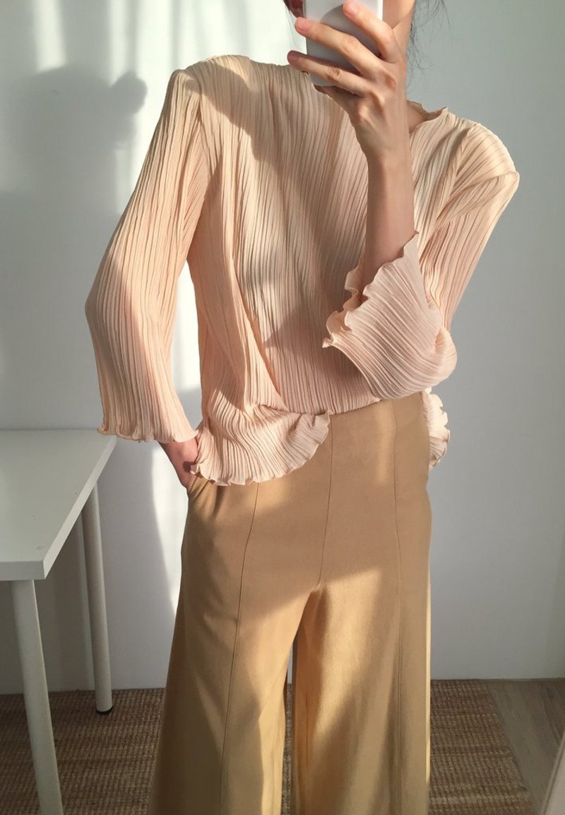 MARJANE BLOUSE 古着裸色透丝光百褶七分袖薄衬衫 - 女装衬衫 - 聚酯纤维 橘色