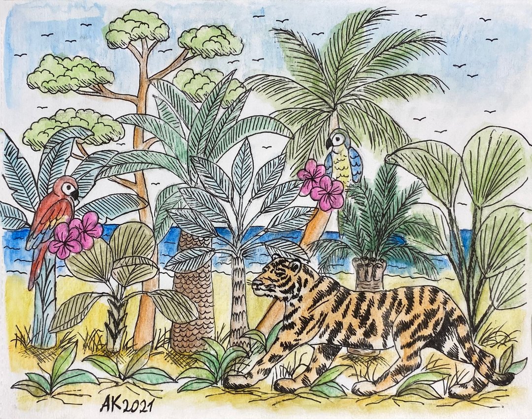 热带森林水彩画，自然插画，老虎，鹦鹉，艺术 - 墙贴/壁贴 - 其他材质 绿色