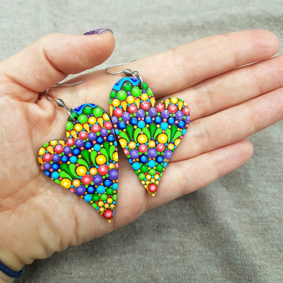 Hand Painted Mandala Earrings, Earrings Hearts, Rainbow Mandala Earrings - 耳环/耳夹 - 木头 多色