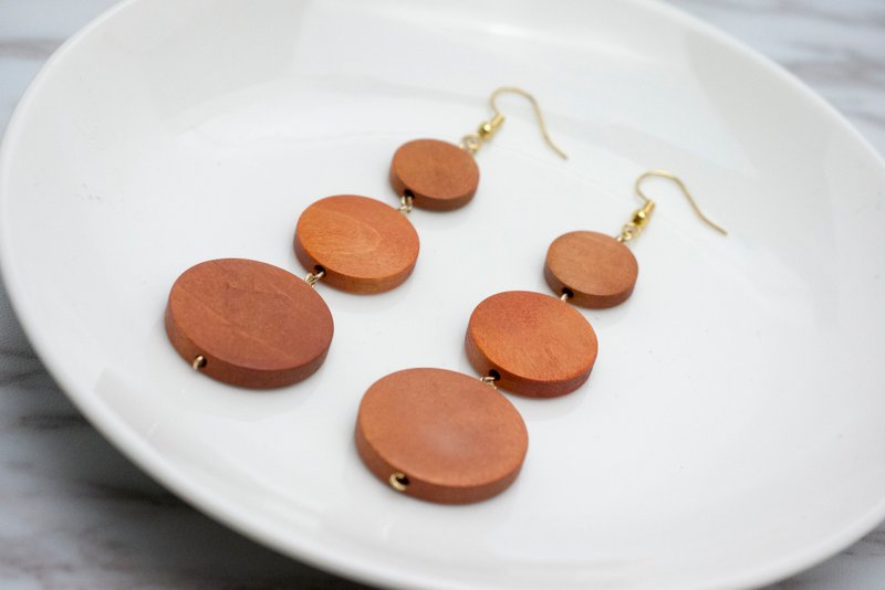 日系简约棕色原木串耳环 耳针 耳夹 耳饰 - 耳环/耳夹 - 木头 咖啡色