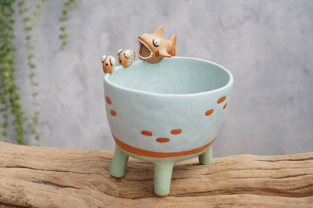 Fish pot , Fish plant pot , Handmade ceramics , pottery - 花瓶/陶器 - 陶 蓝色