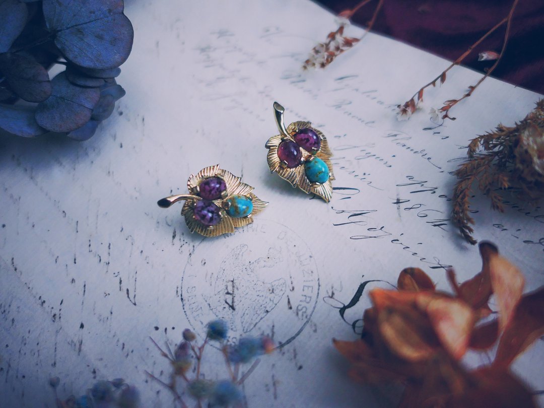 Boucher 晶果枫叶耳环－美国古董首饰 Vintage Jewelry - 耳环/耳夹 - 其他金属 