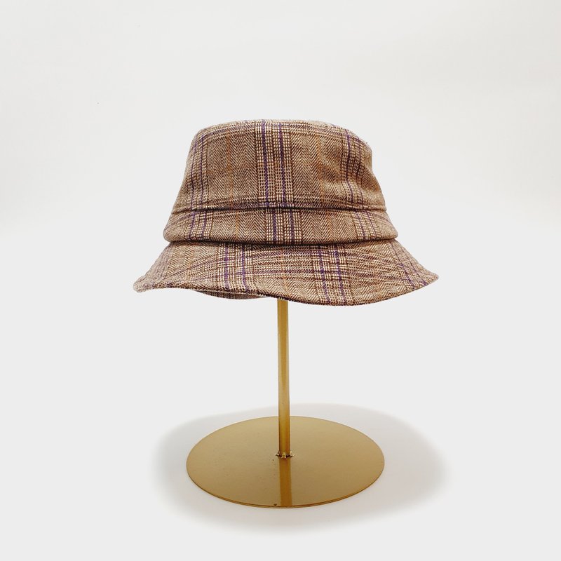 【HiGh MaLi 】英式圆盘绅士帽-紫线条咖啡格 #西装料 #好穿搭 - 帽子 - 棉．麻 卡其色