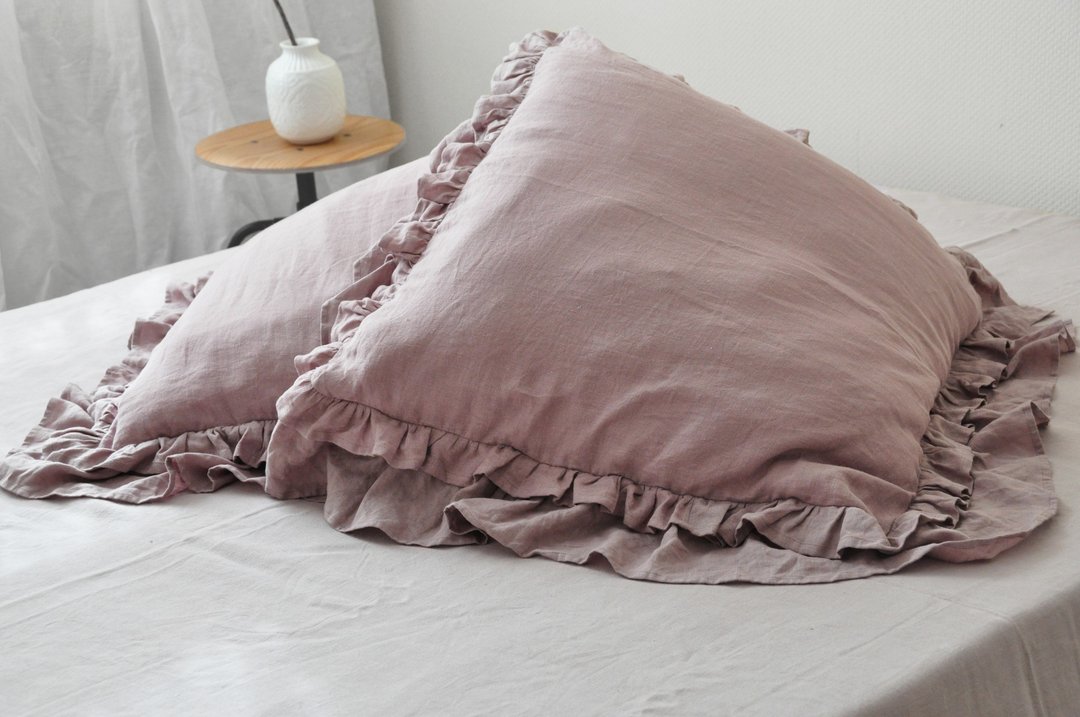 70 colors double ruffled linen pillow cover | Custom size pillowcase with ruffle - 枕头/抱枕 - 亚麻 多色