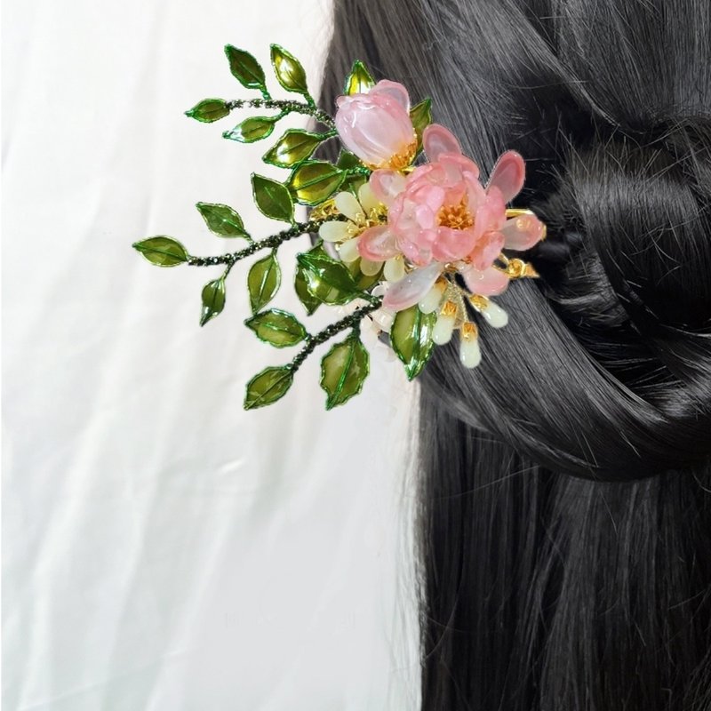 水晶琉璃花叶-发钗(微瑕出清) - 发饰 - 树脂 粉红色