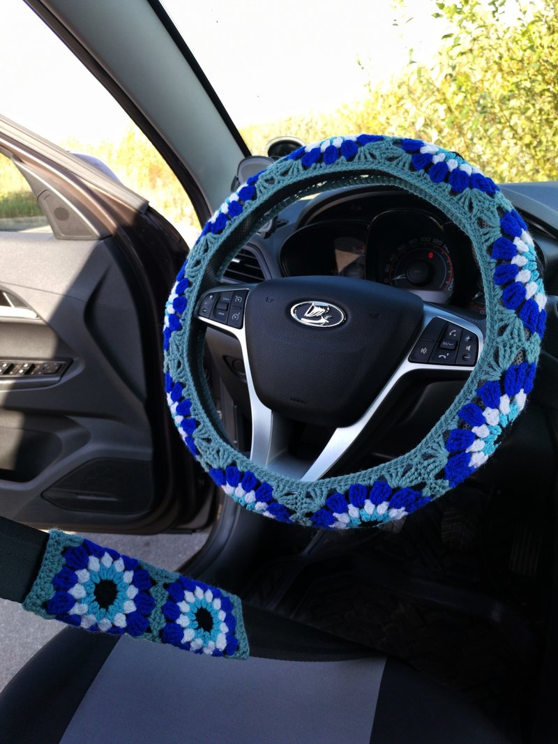 Evil Eye Blue Steering Wheel Cover For Women, Crochet Wheel Cover - 其他 - 羊毛 多色