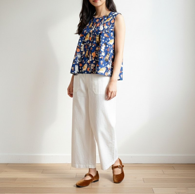 侧边飘逸无袖上衣 蓝色猫咪印花 - 女装上衣 - 棉．麻 蓝色