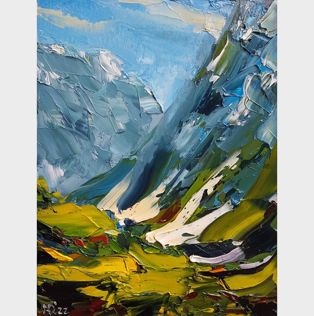 Mountain Oil Painting Original Norway Artwork Landscape Small Art Scandinavian - 海报/装饰画/版画 - 其他材质 绿色