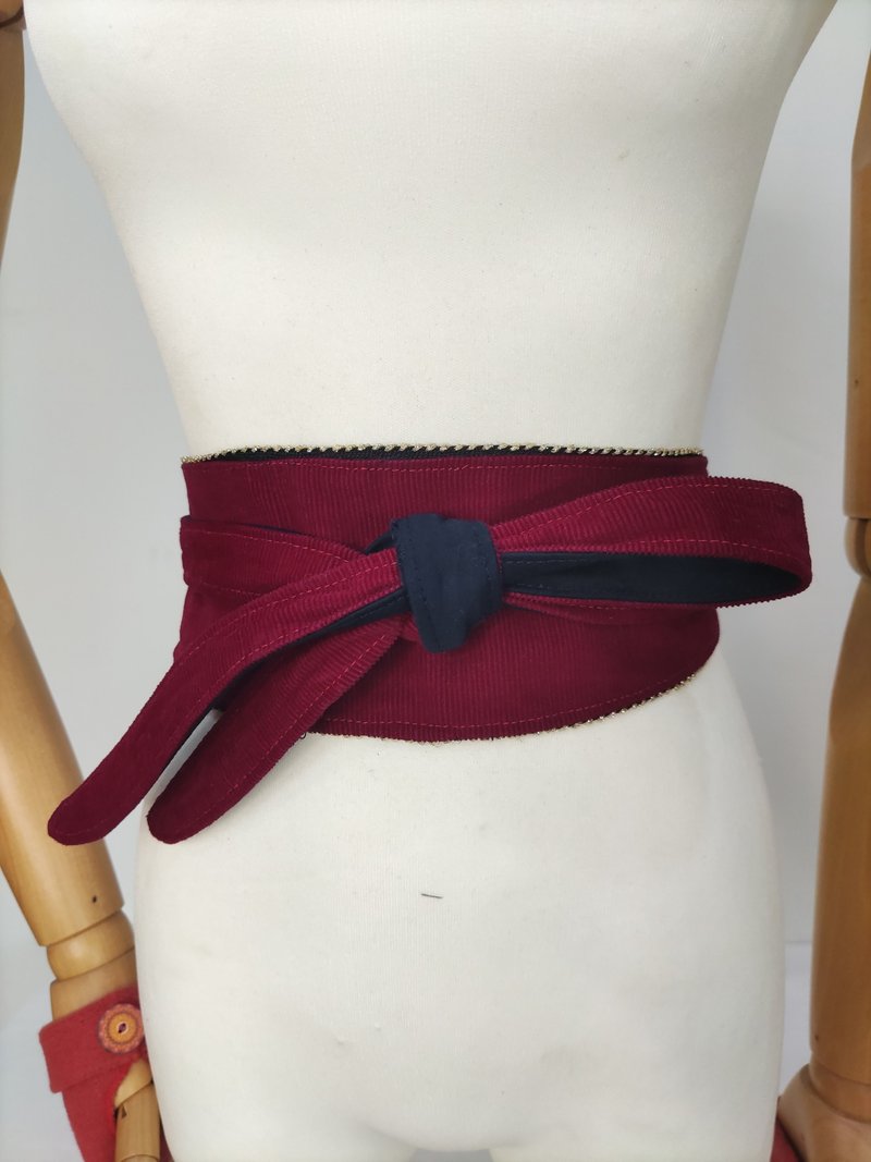 小众设计师品牌 梅红/黑色 撞色绑带式双面宽腰封   订制款/造型 - 皮带/腰带 - 丝．绢 