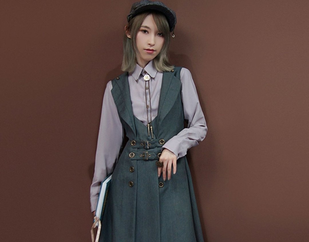 蒸汽朋克 哥特风复古  通勤西服领收腰无袖A字洋装 - 女装西装外套/风衣 - 其他材质 灰色