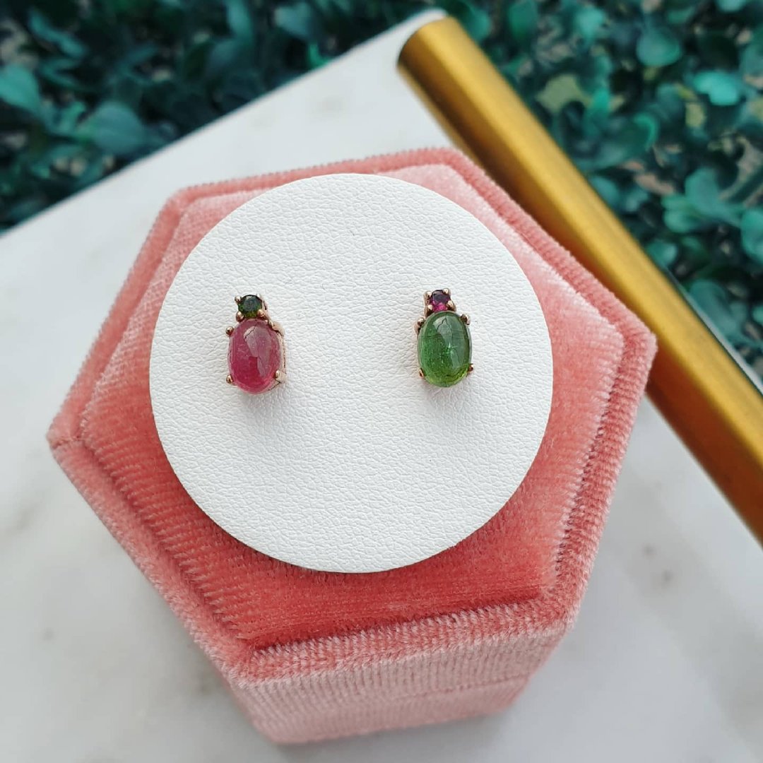(Special and limited) Bi-color Tourmaline earrings, 925 Silver, rose gold plated - 耳环/耳夹 - 半宝石 多色