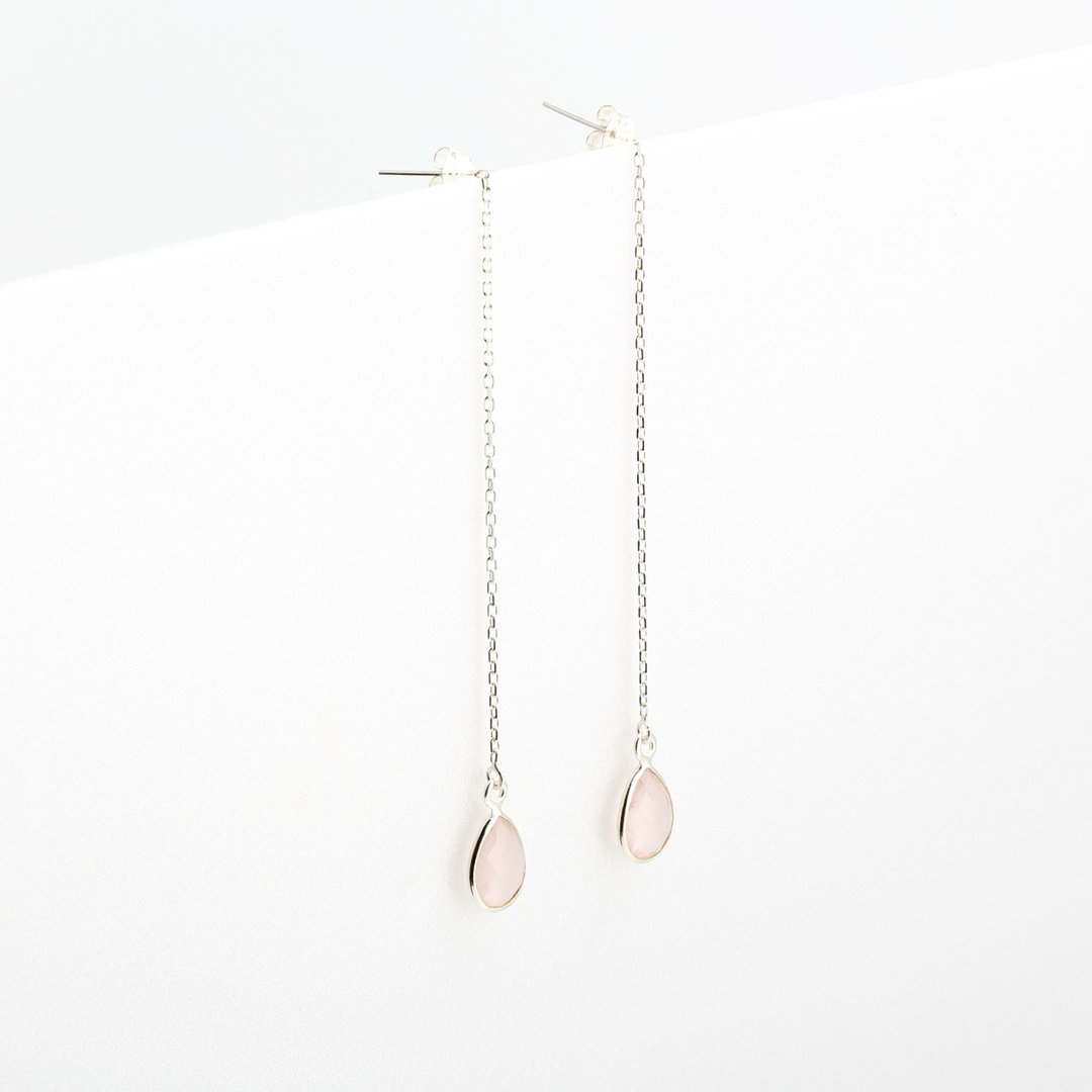 【Angel & Me】简约 水滴 粉晶 Rose Quartz s925 纯银 耳链 耳环 - 耳环/耳夹 - 纯银 粉红色