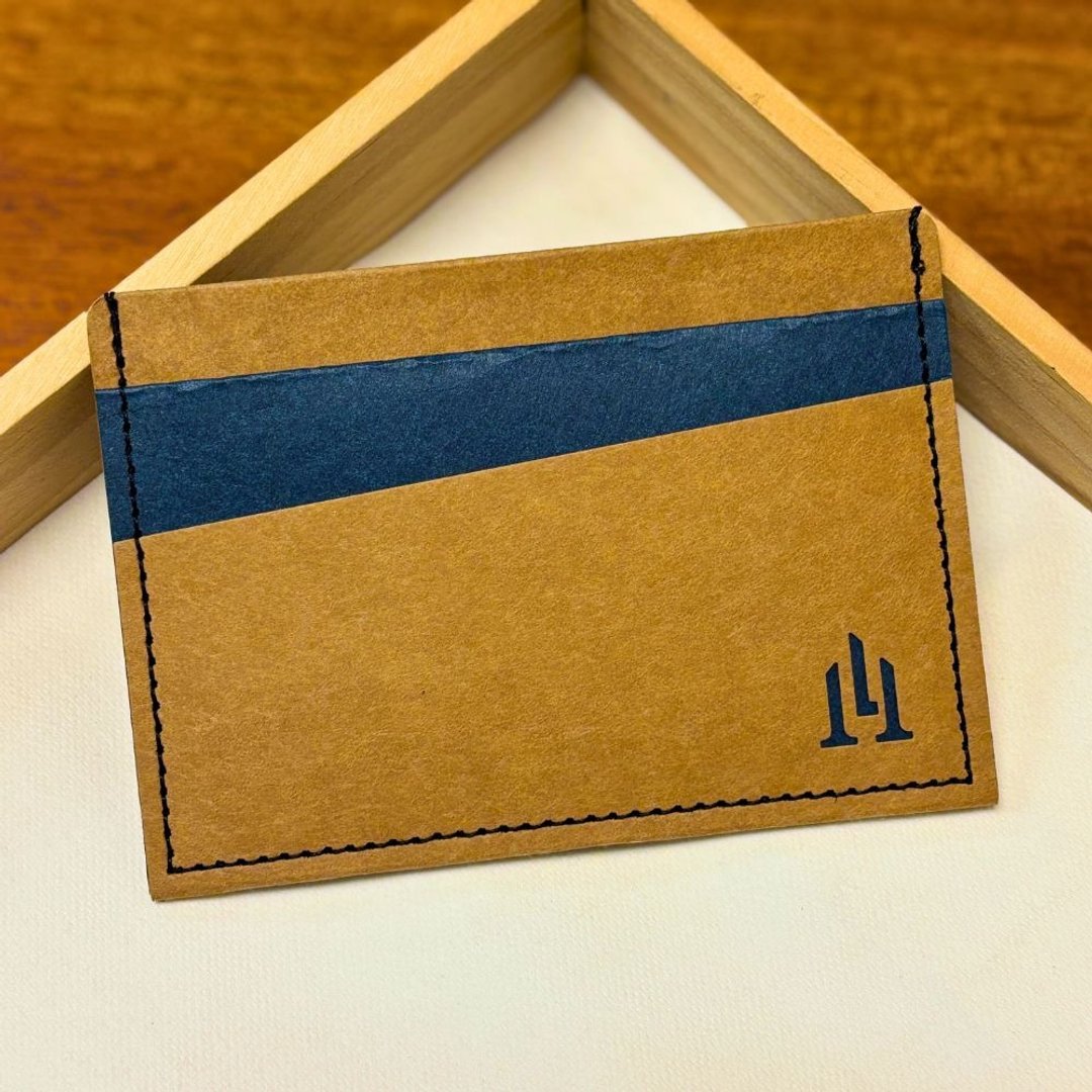 多功能纸革卡夹 条纹棕蓝 五个卡层 绿色时尚 天然纤维 职人手作 - 皮夹/钱包 - 环保材料 