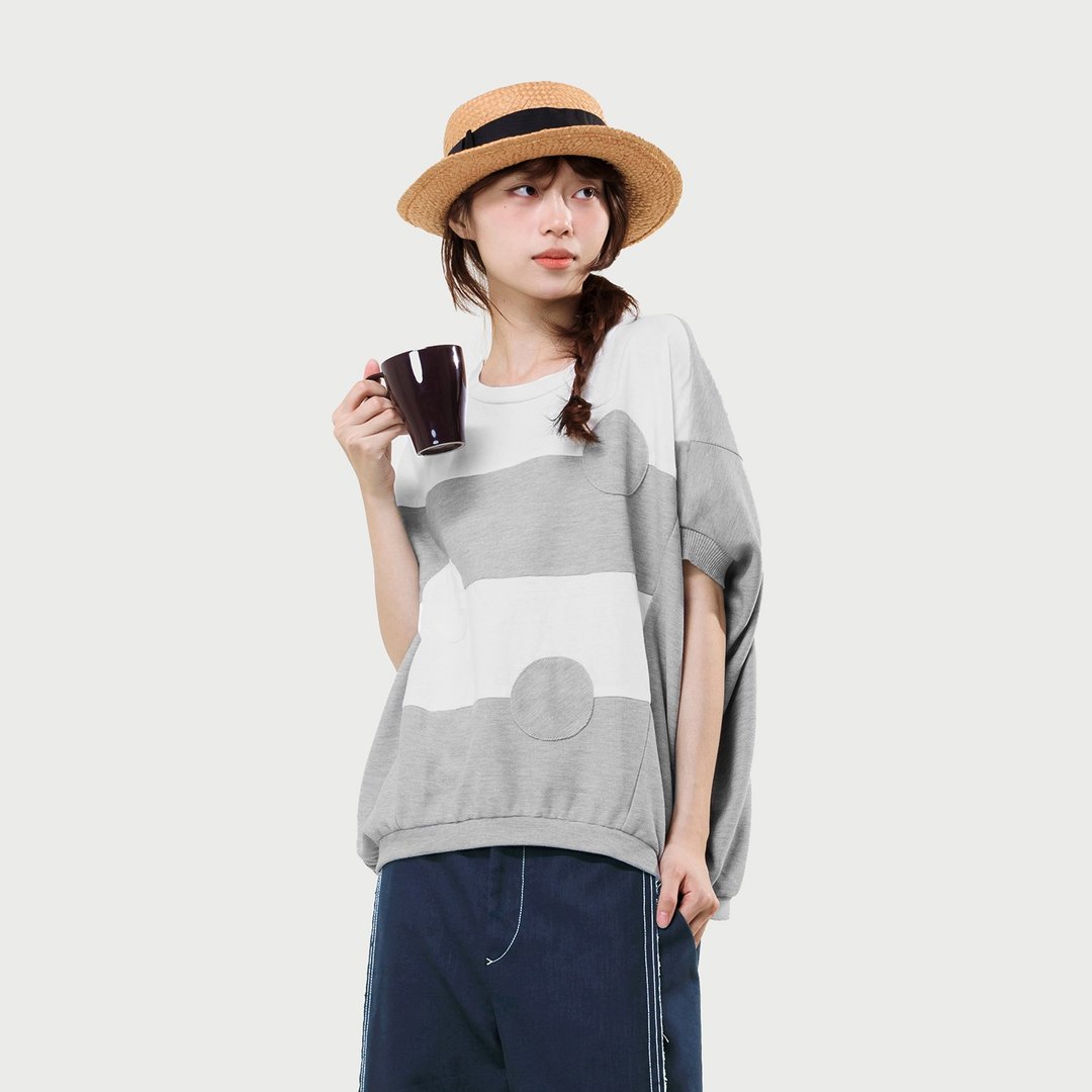 圈圈配色拼接飞鼠袖上衣 - 女装上衣 - 棉 灰色