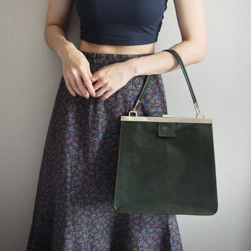 口金大方包/大容量肩背包 手提包 公文包/意大利植鞣牛皮-碧玉绿 - 公文包/医生包 - 真皮 绿色