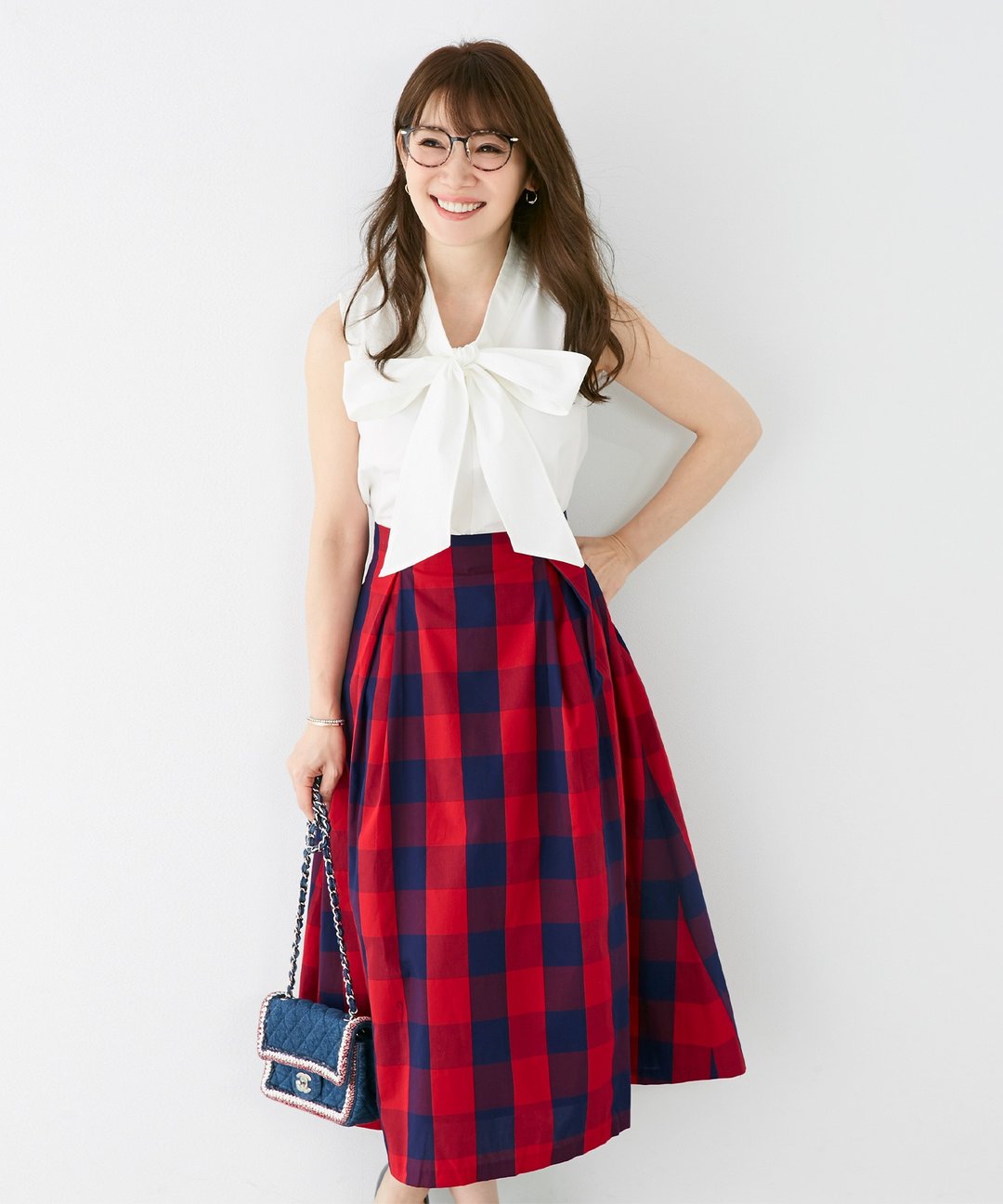 Skirt Gingham check cotton material / Liala × PG - 裙子 - 棉 红色
