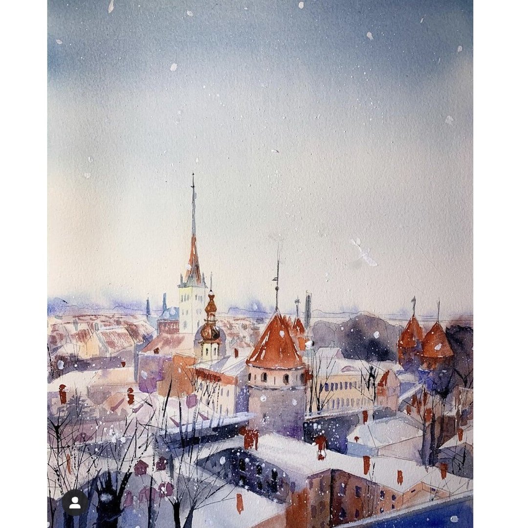 Original Watercolor painting Romantic cityscape while Christmas Artwork - 墙贴/壁贴 - 纸 多色