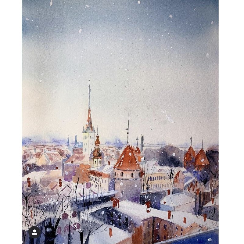 Original Watercolor painting Romantic cityscape while Christmas Artwork - 墙贴/壁贴 - 纸 多色