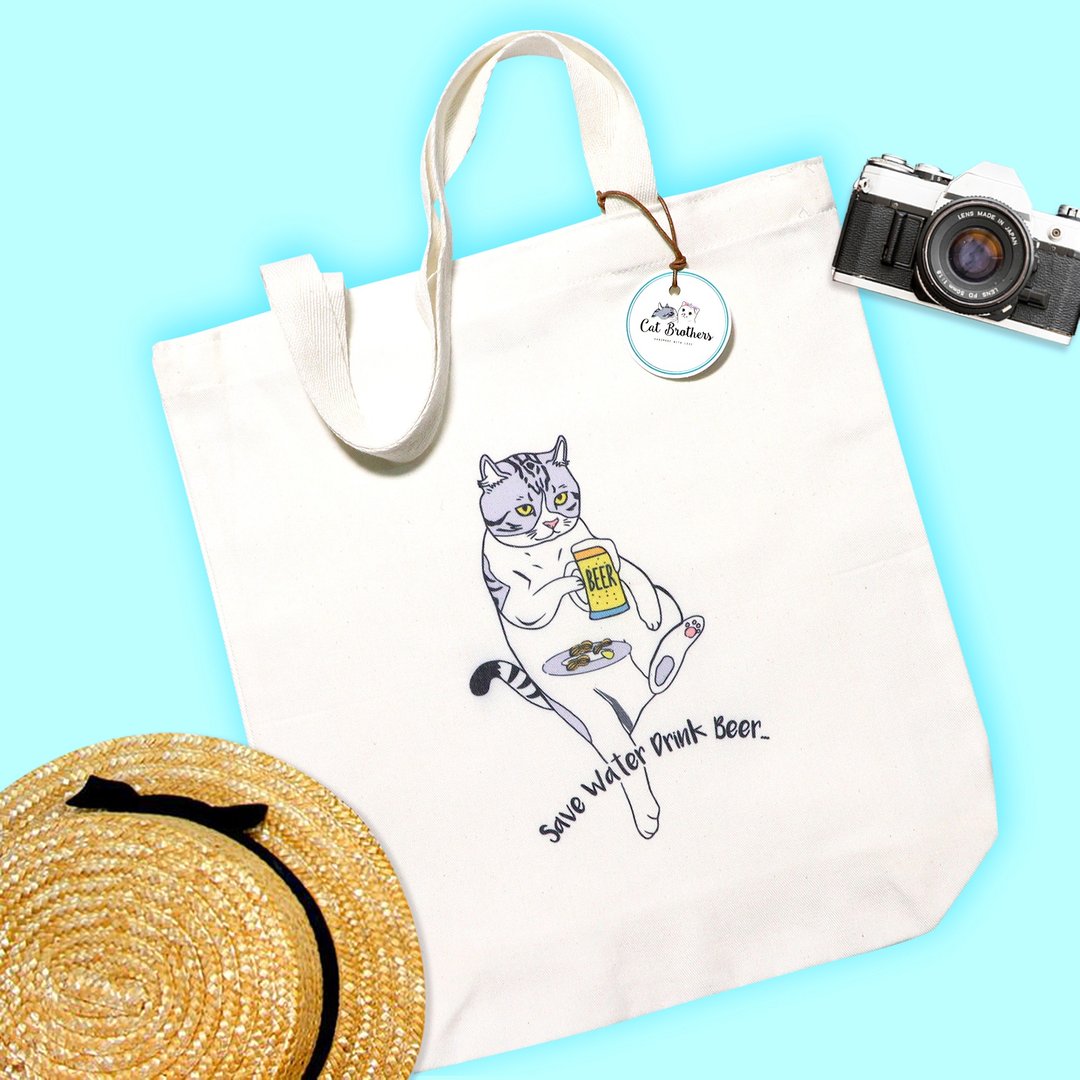 Cat drinking beer Tote Bag - Small size, Eco Bag, Cotton Bag, Cat tote bag - 手提包/手提袋 - 棉 白色
