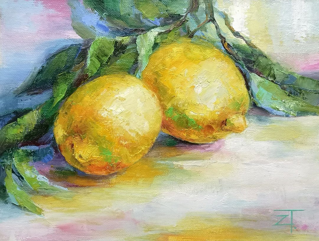Oil Painting Lemons Original Art on Canvas 18x 24 cm. - 墙贴/壁贴 - 棉 