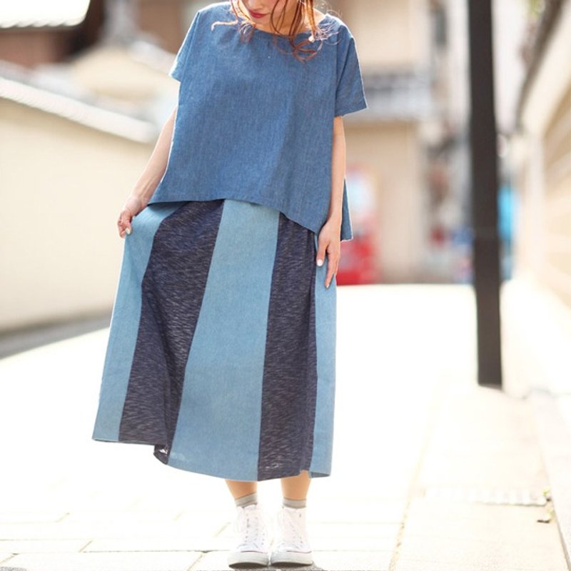  palette denim patchwork striped skirt - 裙子 - 棉．麻 蓝色