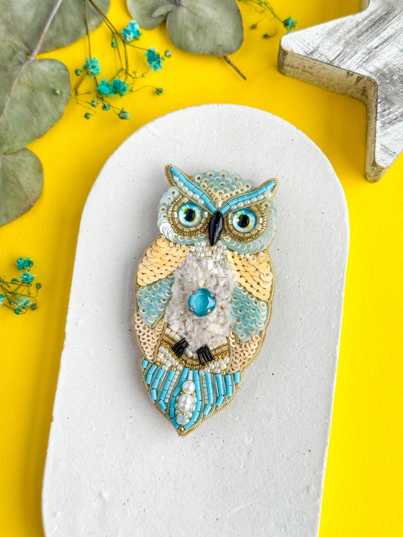手工串珠猫头鹰刺绣胸针 - 胸针 - 其他材质 蓝色