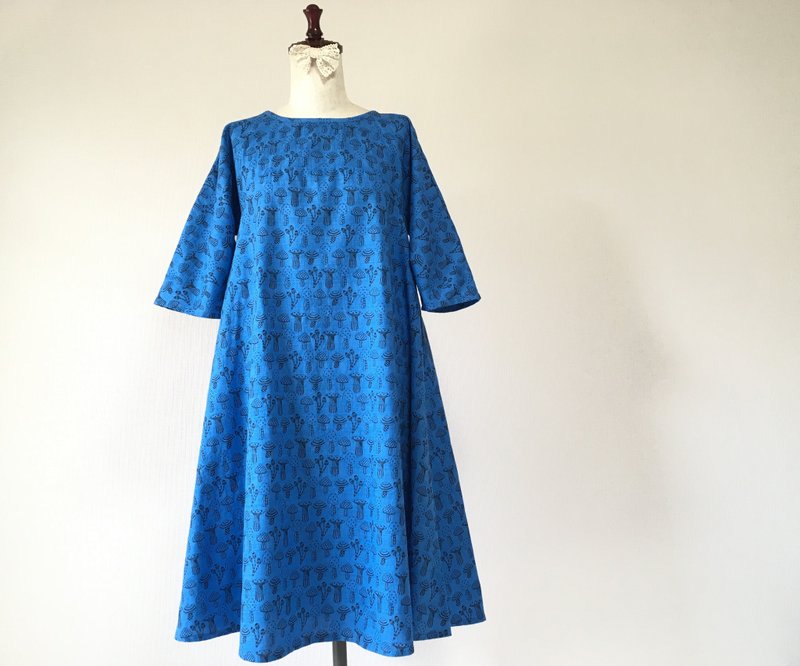 Mushroom handle dress * Dark blue - 洋装/连衣裙 - 棉．麻 蓝色