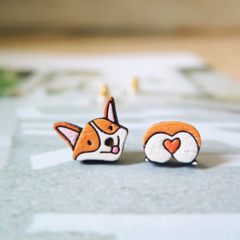 Wooden earring welsh corgi - 耳环/耳夹 - 木头 橘色