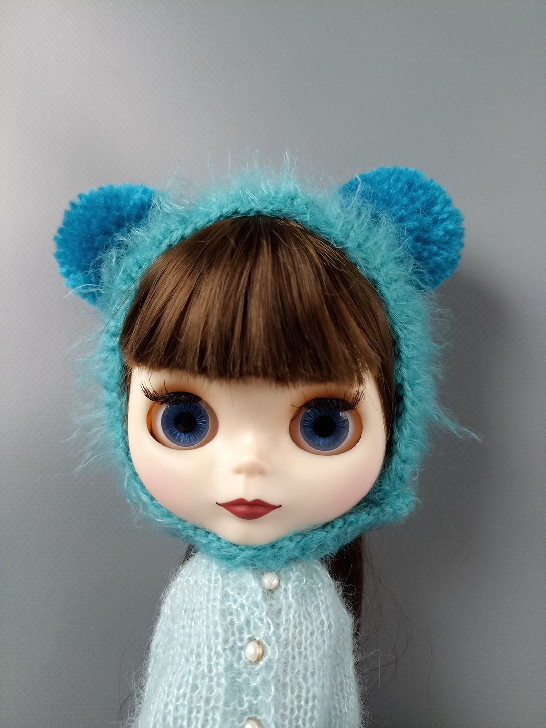 Turquoise hat with pom-poms for Blythe, Neo Blythe, Pullip. Clothes for Blythe. - 帽子 - 羊毛 蓝色