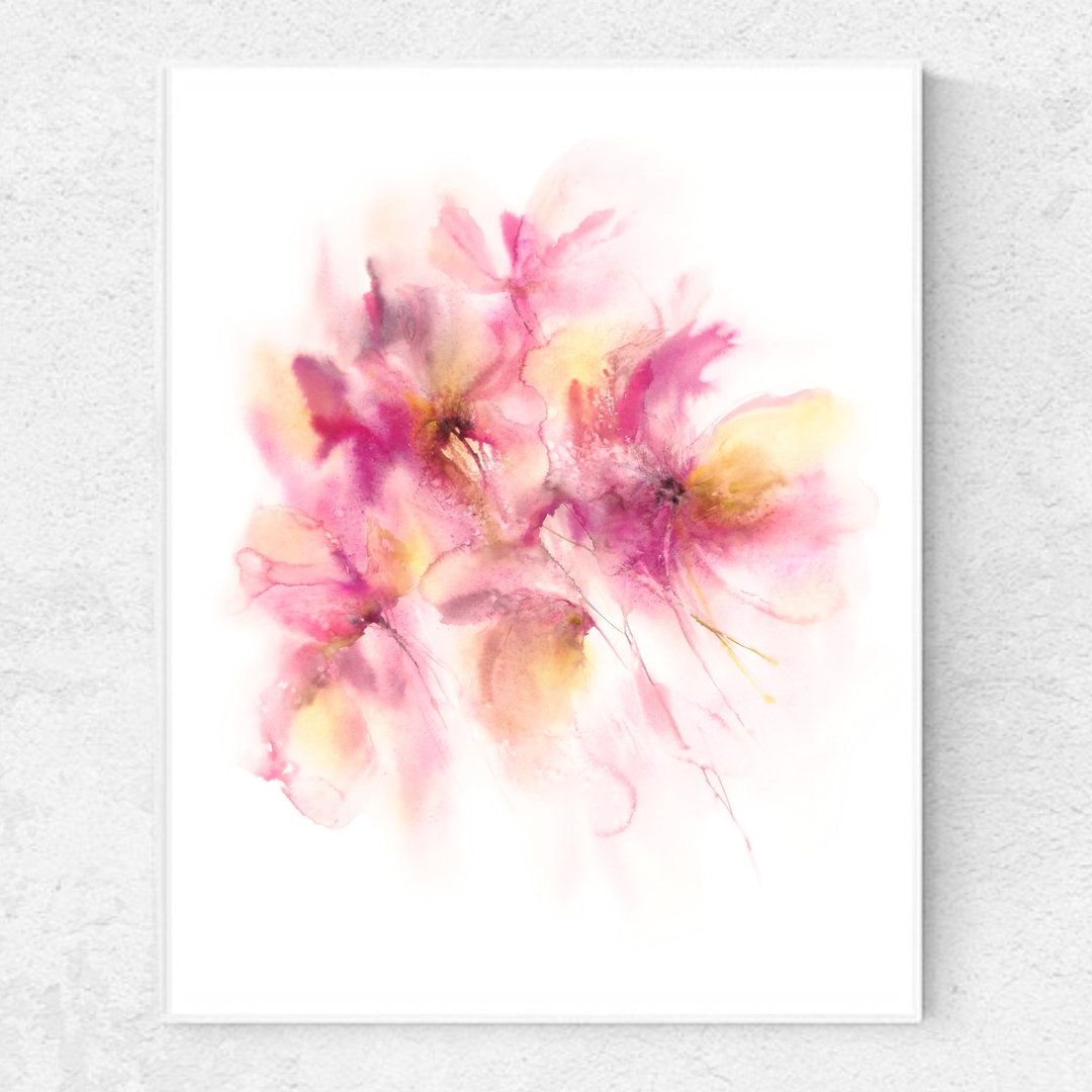 Floral wall art Pink abstract flowers Original painting Minimalist wall decor - 海报/装饰画/版画 - 纸 粉红色