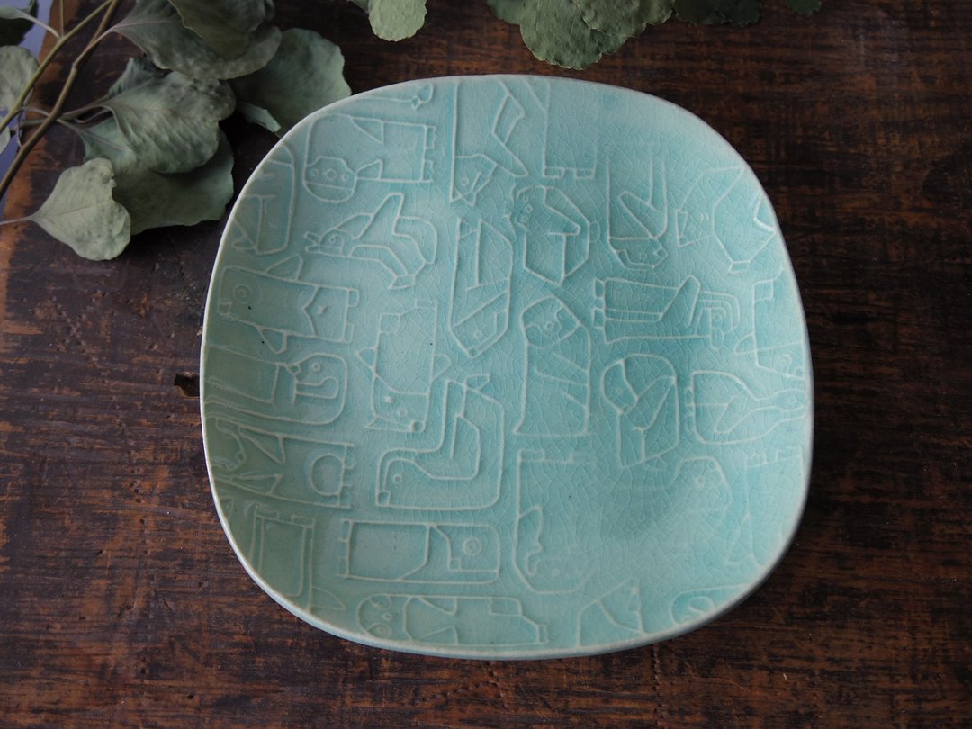 Turkish blue square plate with relief penguins - 盘子/餐盘/盘架 - 陶 蓝色