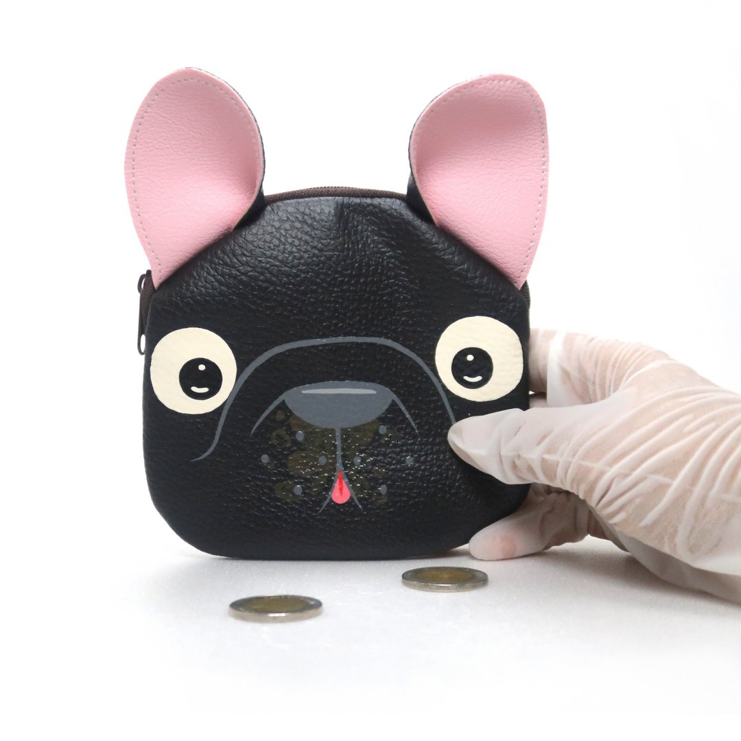 【雙11折扣】Black French Bulldog coin purse ,small wallet bag with zip.various card p - 零钱包 - 人造皮革 黑色