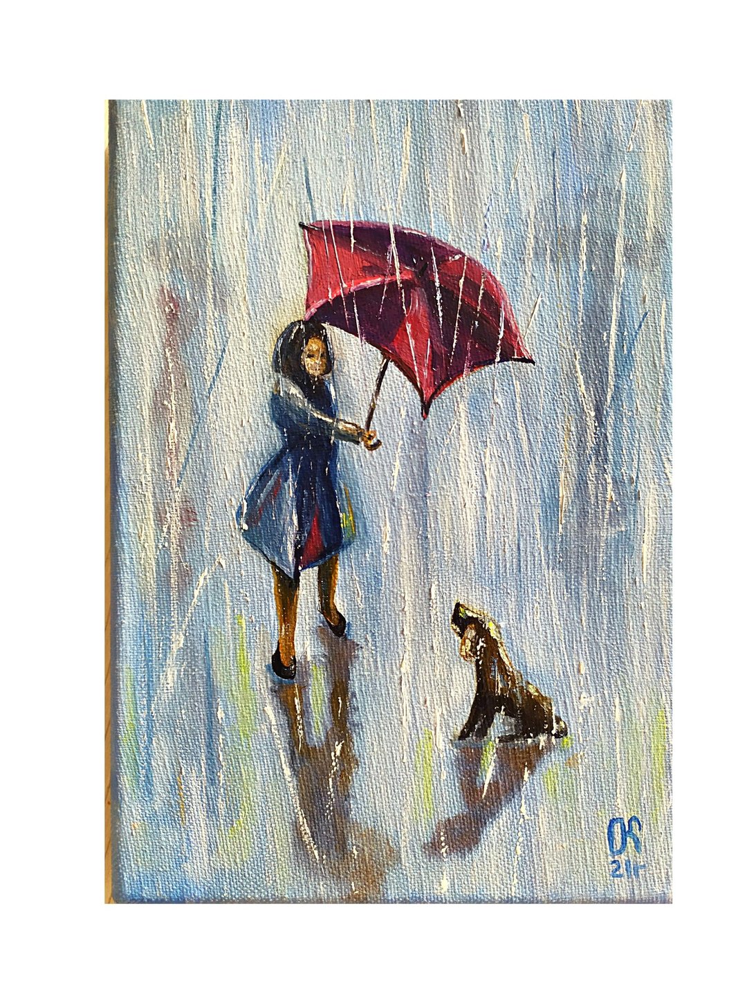 雨天油画女孩伞原画雨墙艺术、风景挂画 - 墙贴/壁贴 - 棉．麻 蓝色