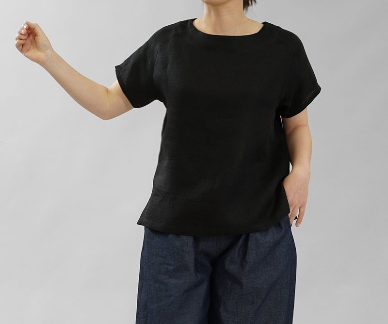 wafu linen tee / tunic / tops / short sleeve / raglan sleeve / black  t038a-bck2 - 女装 T 恤 - 亚麻 黑色