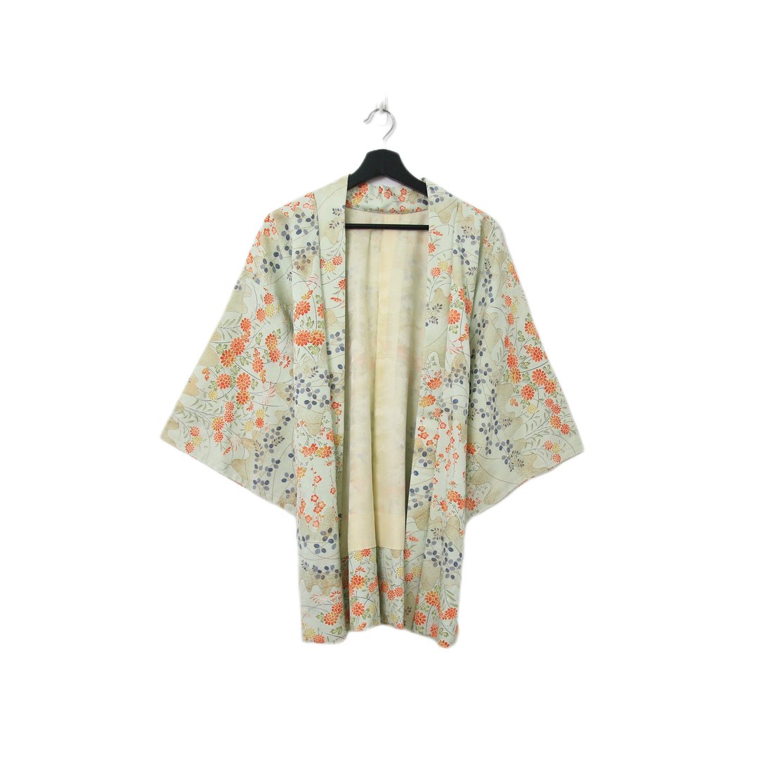 Back to Green-日本带回羽织 花朵绽放 青绿kb-70/vintage kimono - 女装休闲/机能外套 - 丝．绢 