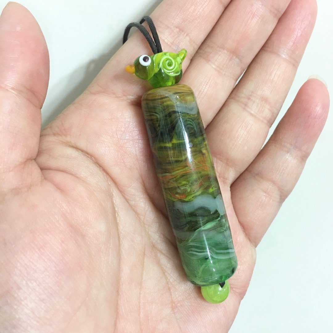 绿绣眼与抽象艺术绿色系草原大琉璃珠长项链 - 长链 - 玻璃 绿色