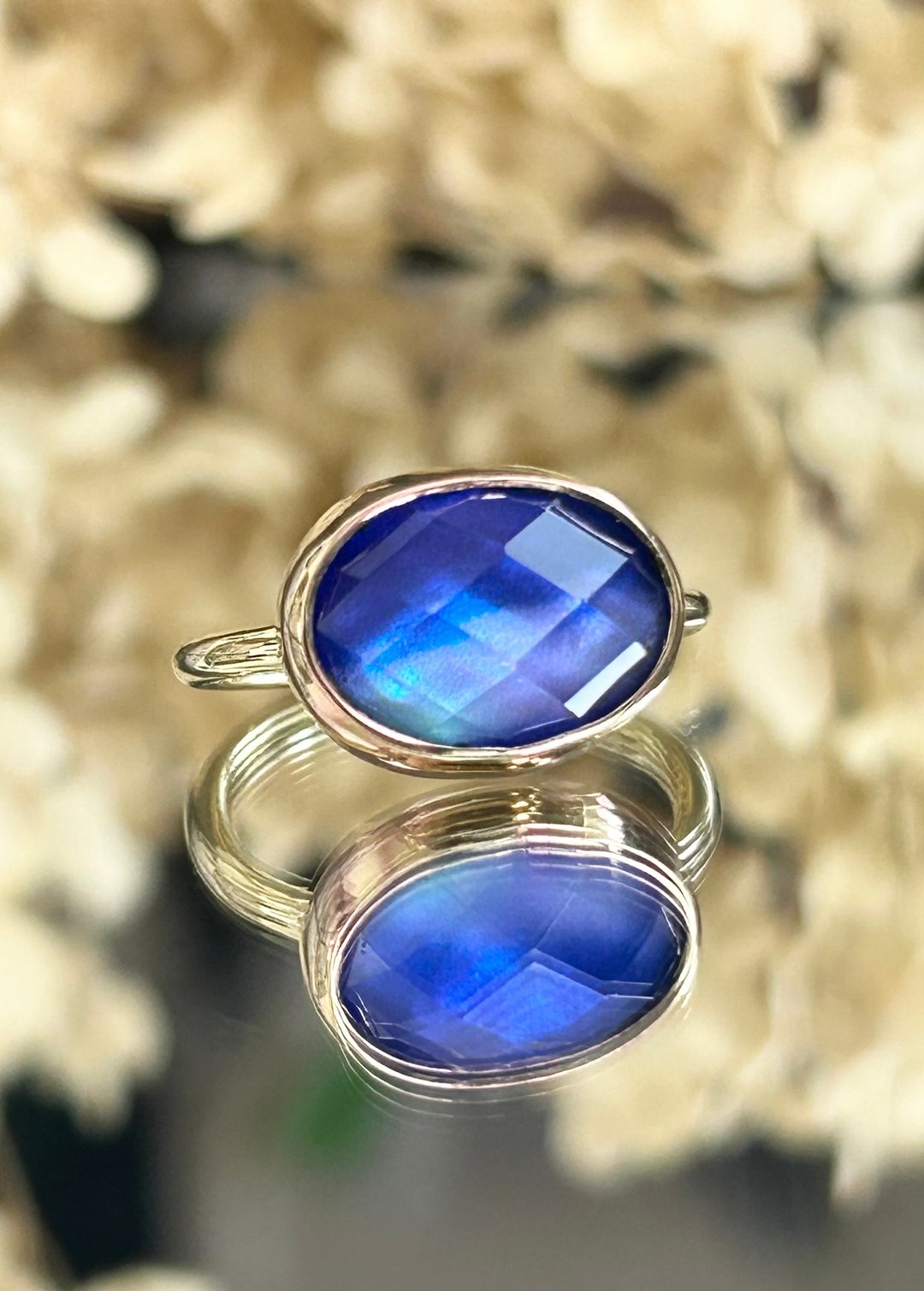 戒指“白色贝壳 × 水晶”蓝色 - 戒指 - 其他金属 
