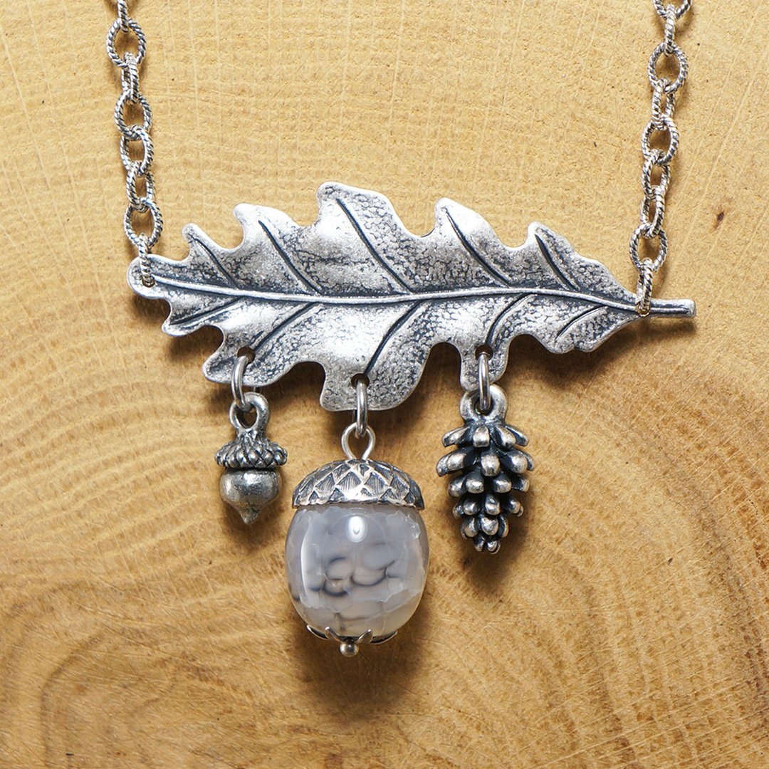 Gray Agate Acorn Silver Oak Leaf Pine Cone Forest Woodland Necklace Jewelry Gift - 项链 - 半宝石 灰色