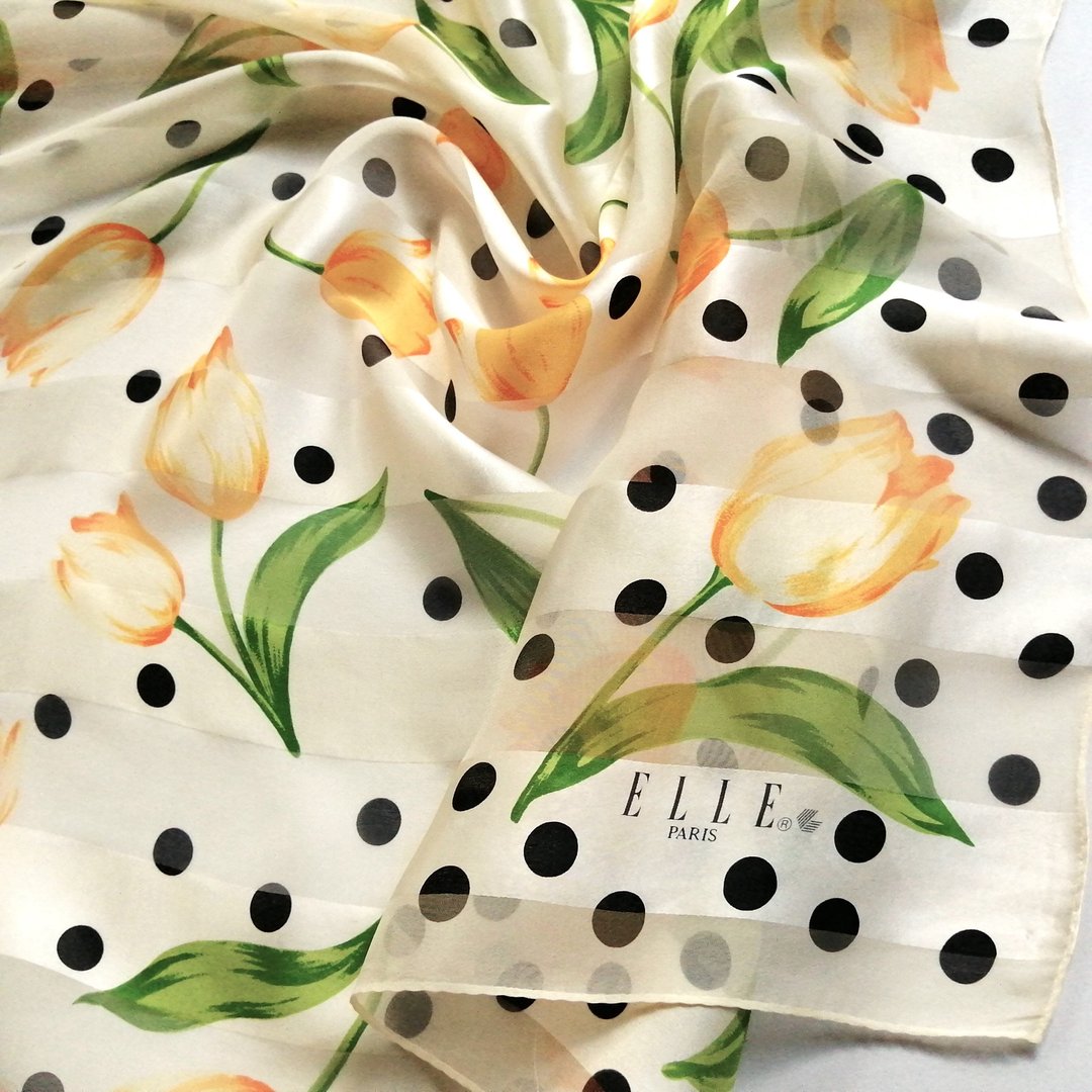 Vintage ELLE PARIS Silk Chiffon Scarf, 34 x 35 Inches,100% Silk, Holiday Gift - 丝巾 - 丝．绢 黄色
