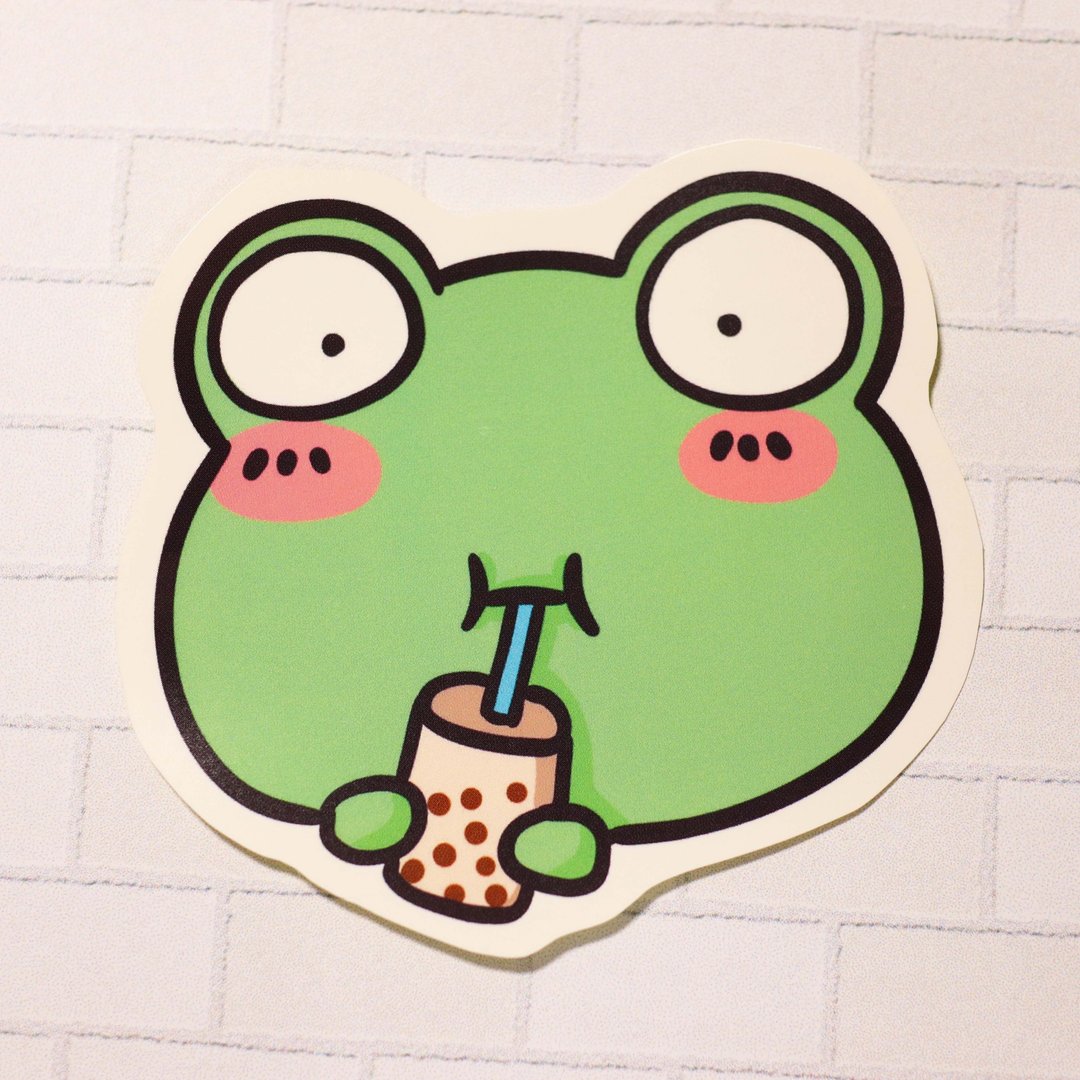 【蛙蛙系列】喝珍珠奶茶的蛙/ 防水贴纸 - 贴纸 - 纸 绿色