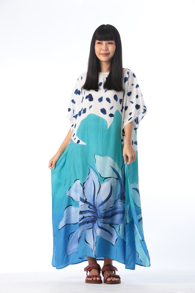 Hand Painted Cotton Silk Kaftan for Summer Resort Vacation F - 洋装/连衣裙 - 棉．麻 白色