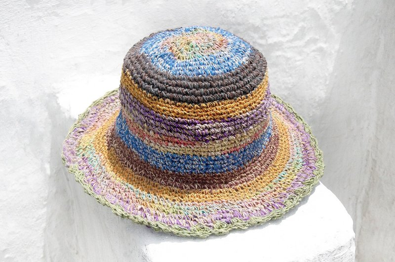 情人节礼物 限量一件手工编织棉麻帽/编织帽/渔夫帽/遮阳帽/草帽/草编帽 - 渐层彩虹冰淇淋蛋糕 花边缤纷条纹 - 帽子 - 棉．麻 多色
